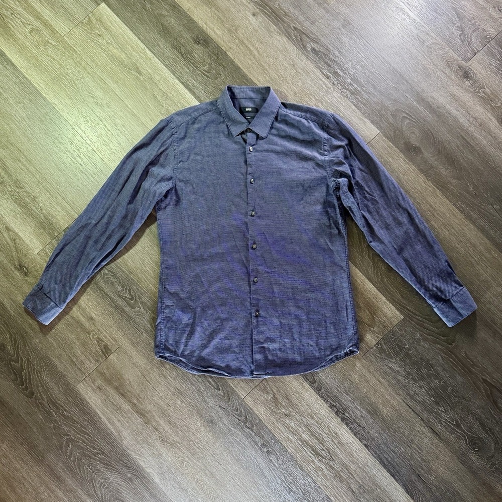 Hugo Boss Shirt Mens Size 16 41 Blue Geometric Slim Fit Dress Long Sleeve Woven